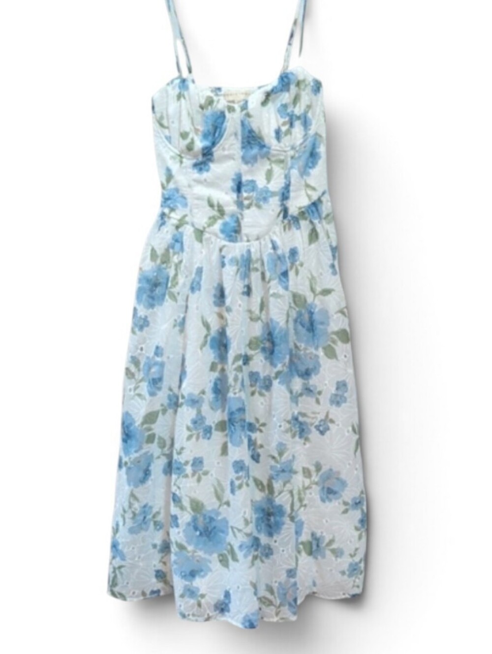 Thirty Thirty, Blue Floral Eyelet Corset Style Midi Dress . Sz M